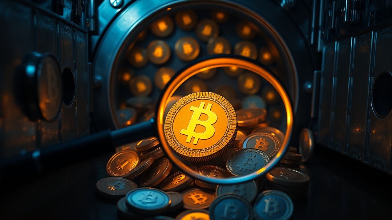 Digital vault with suspicious cryptocurrency tokens and magnifying glass.