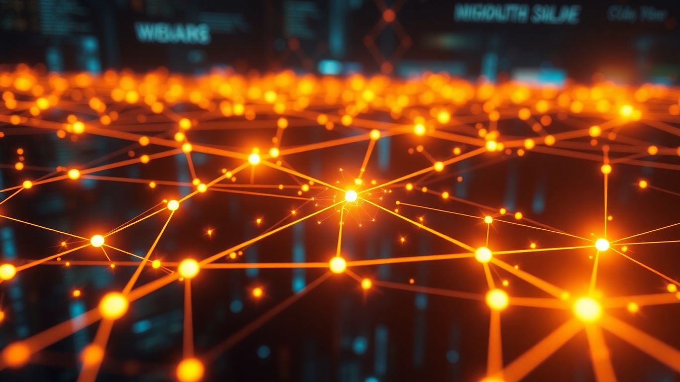Web3 threat intelligence network with glowing nodes and data streams.