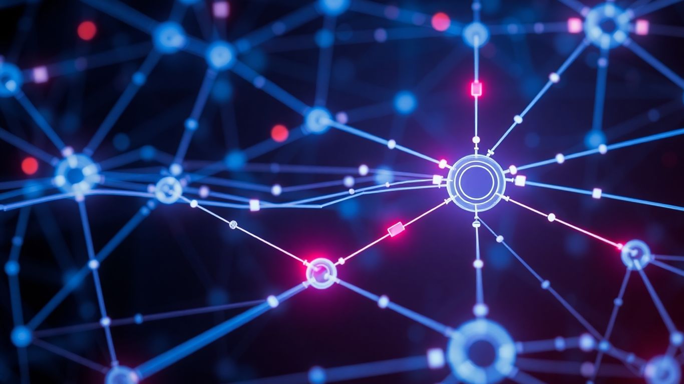 Digital network with glowing data streams and red alerts.