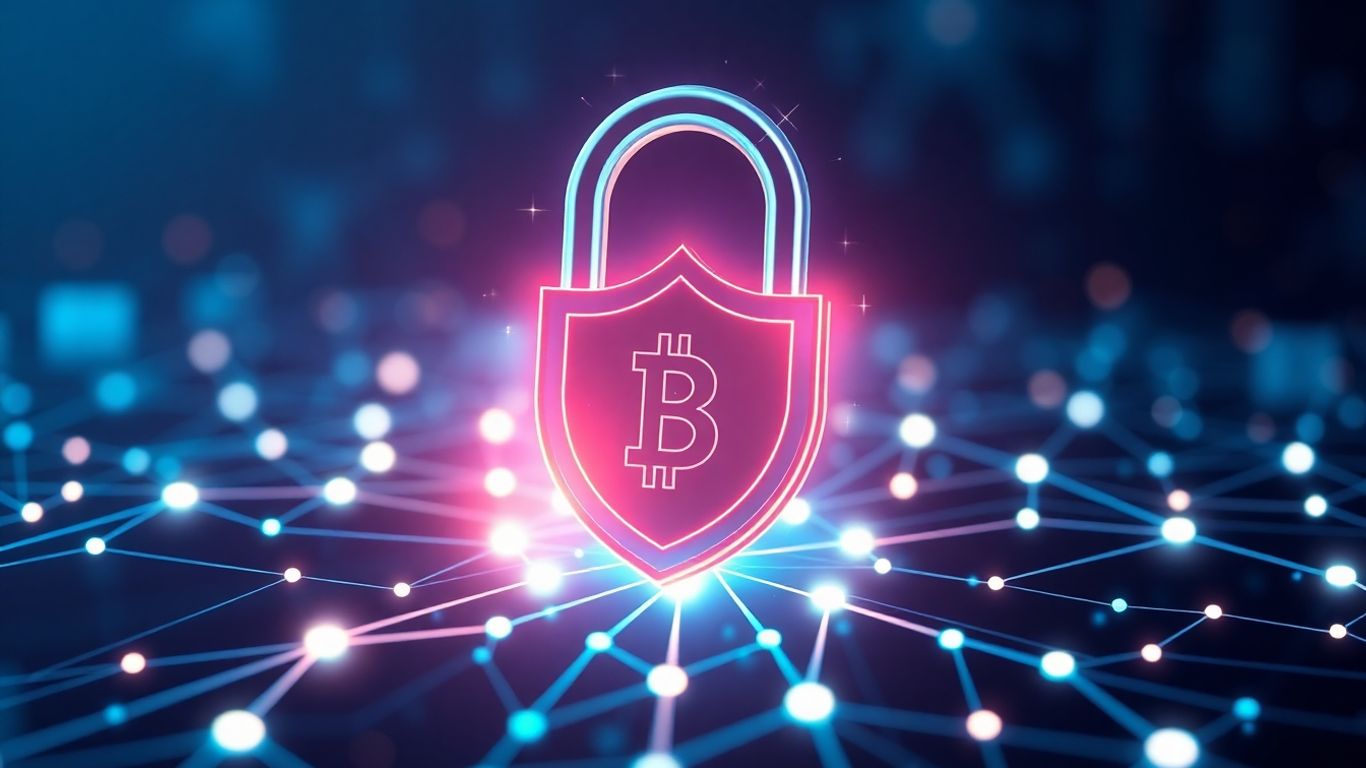 Digital padlock securing blockchain network with futuristic elements.