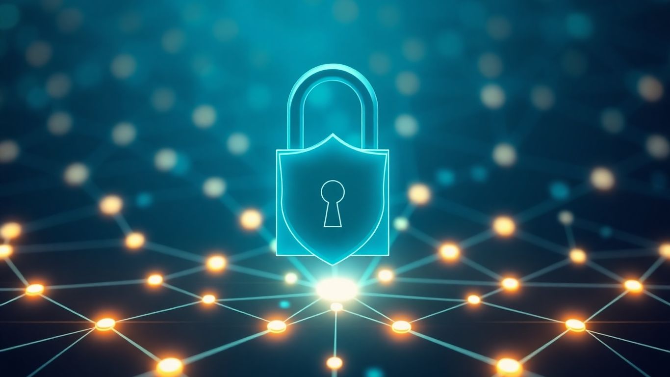 Digital padlock protecting a glowing blockchain network.