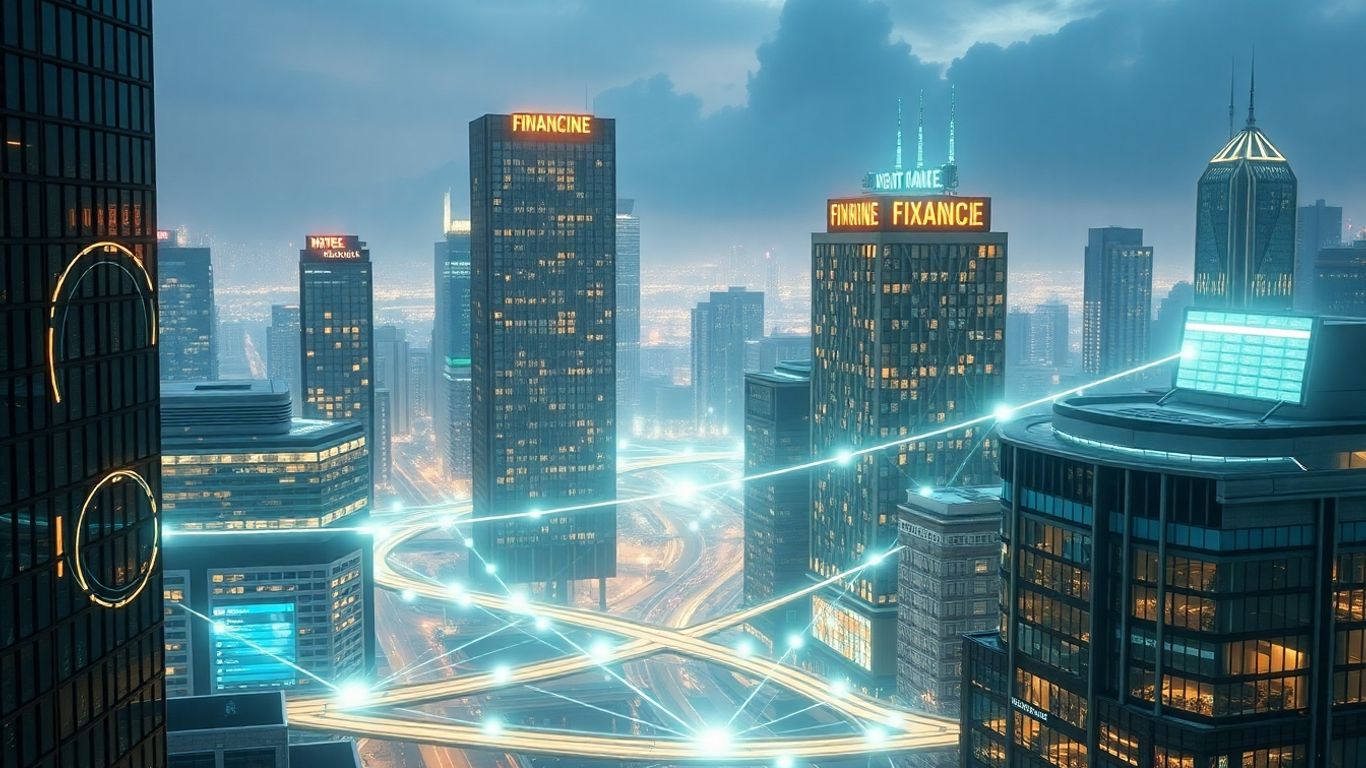 Futuristic cityscape with blockchain data streams connecting financial buildings.