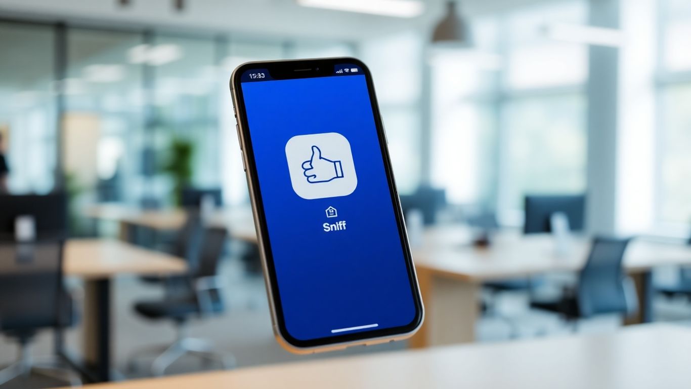 Sniff App on a smartphone screen in an office.