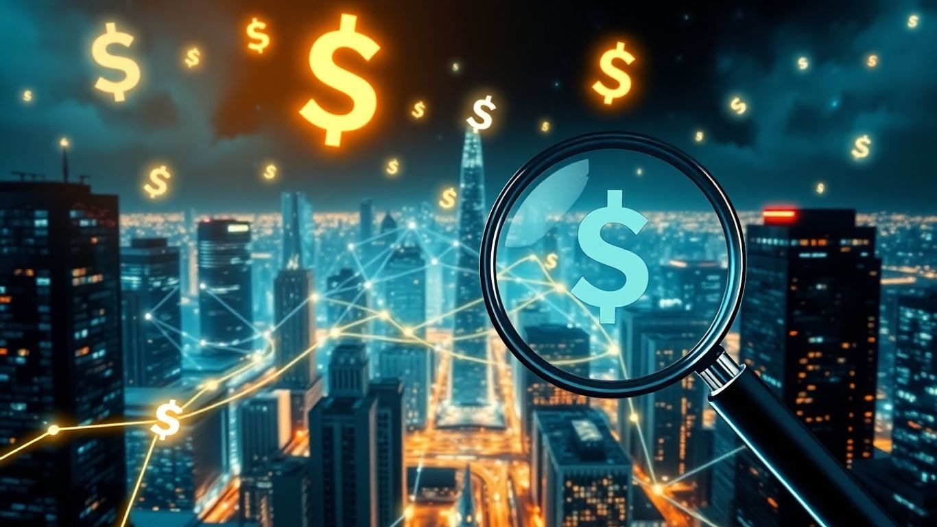 Blockchain network with financial symbols and magnifying glass.