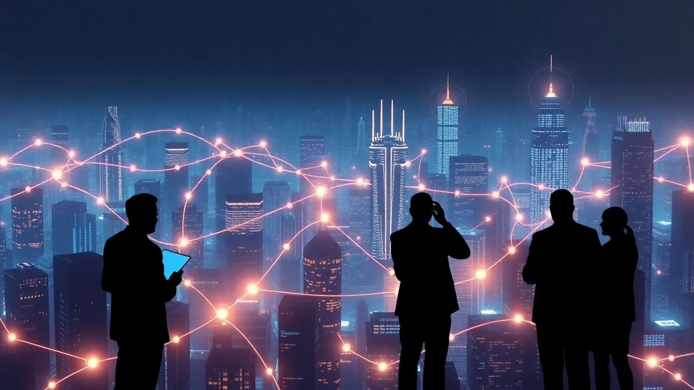 Blockchain network with professionals analyzing financial data.