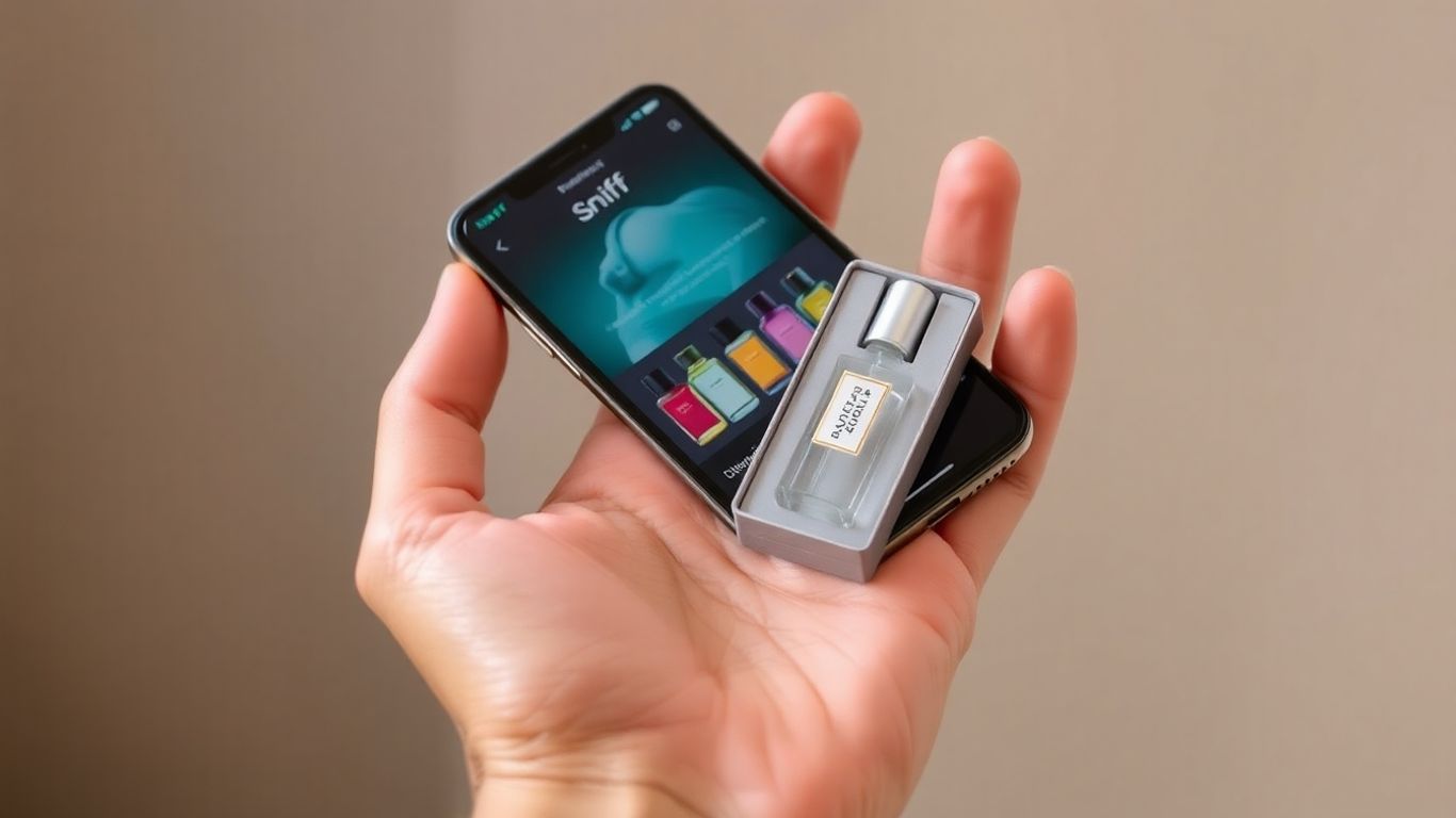 Sniff app on phone with fragrance discovery kit.