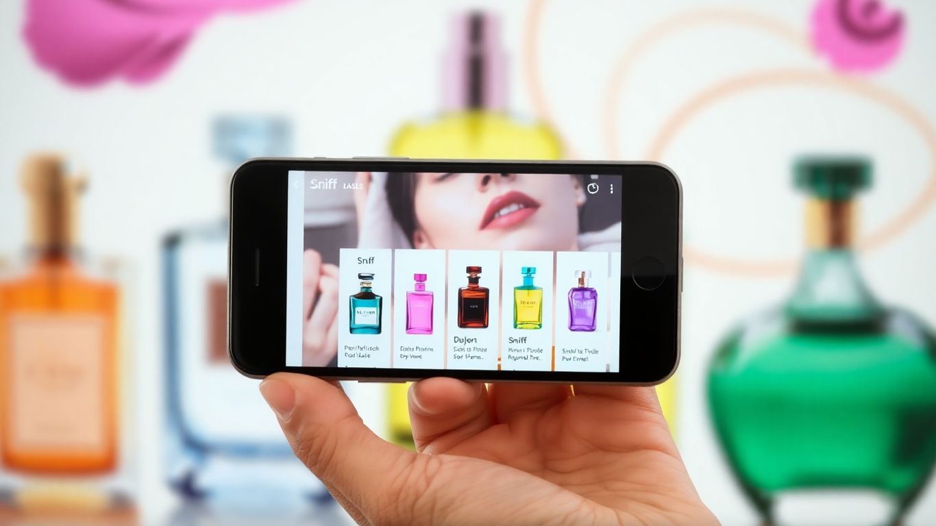 Sniff app on phone with perfume bottles.