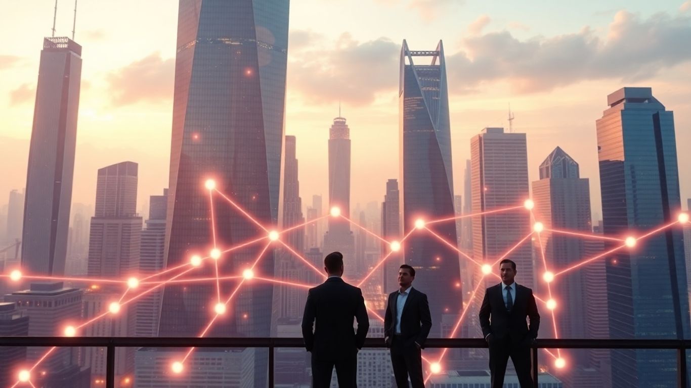 Blockchain and audit professionals in a futuristic financial world.