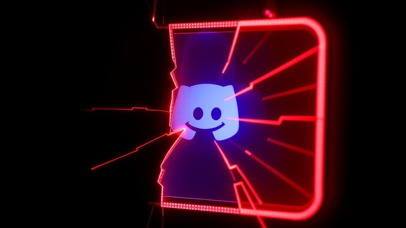 Cracked digital lock with shadowy figure and red lines.