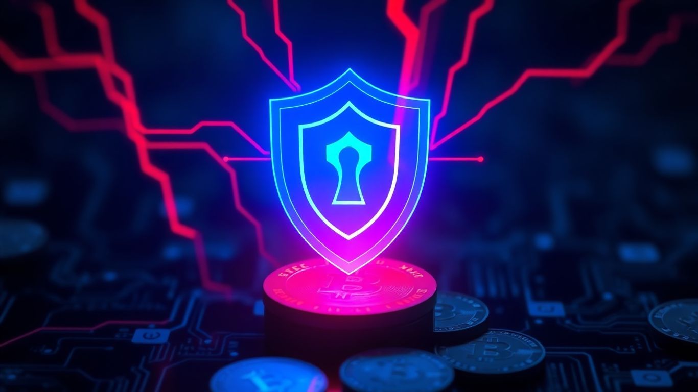Digital shield protecting crypto coins from cyber threats.