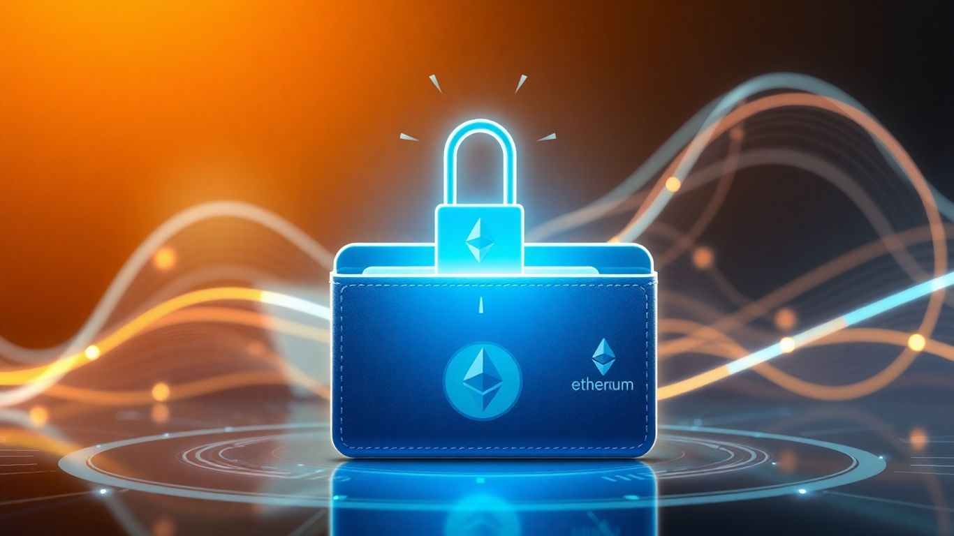 Digital crypto wallet with secure lock and glowing lines.