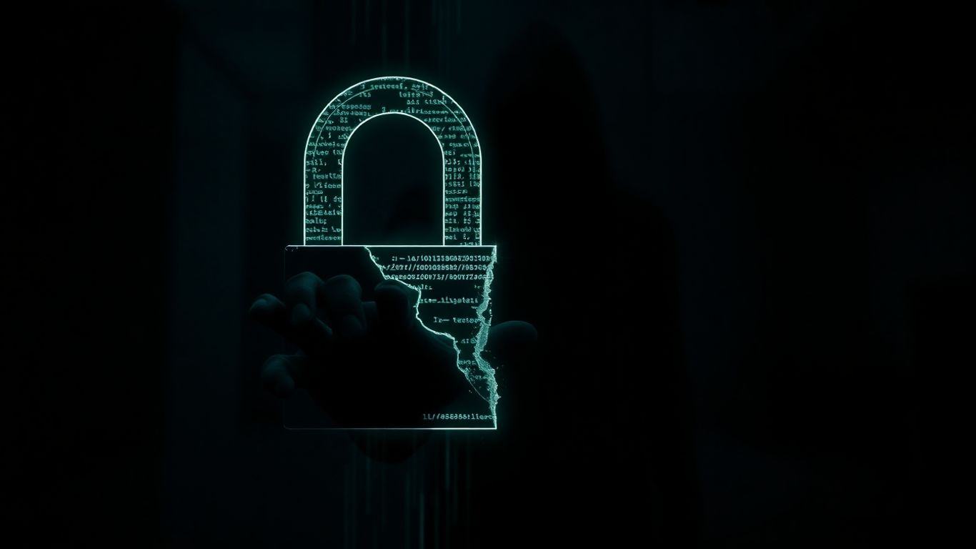 Cracked digital lock with shadowy figure and code.