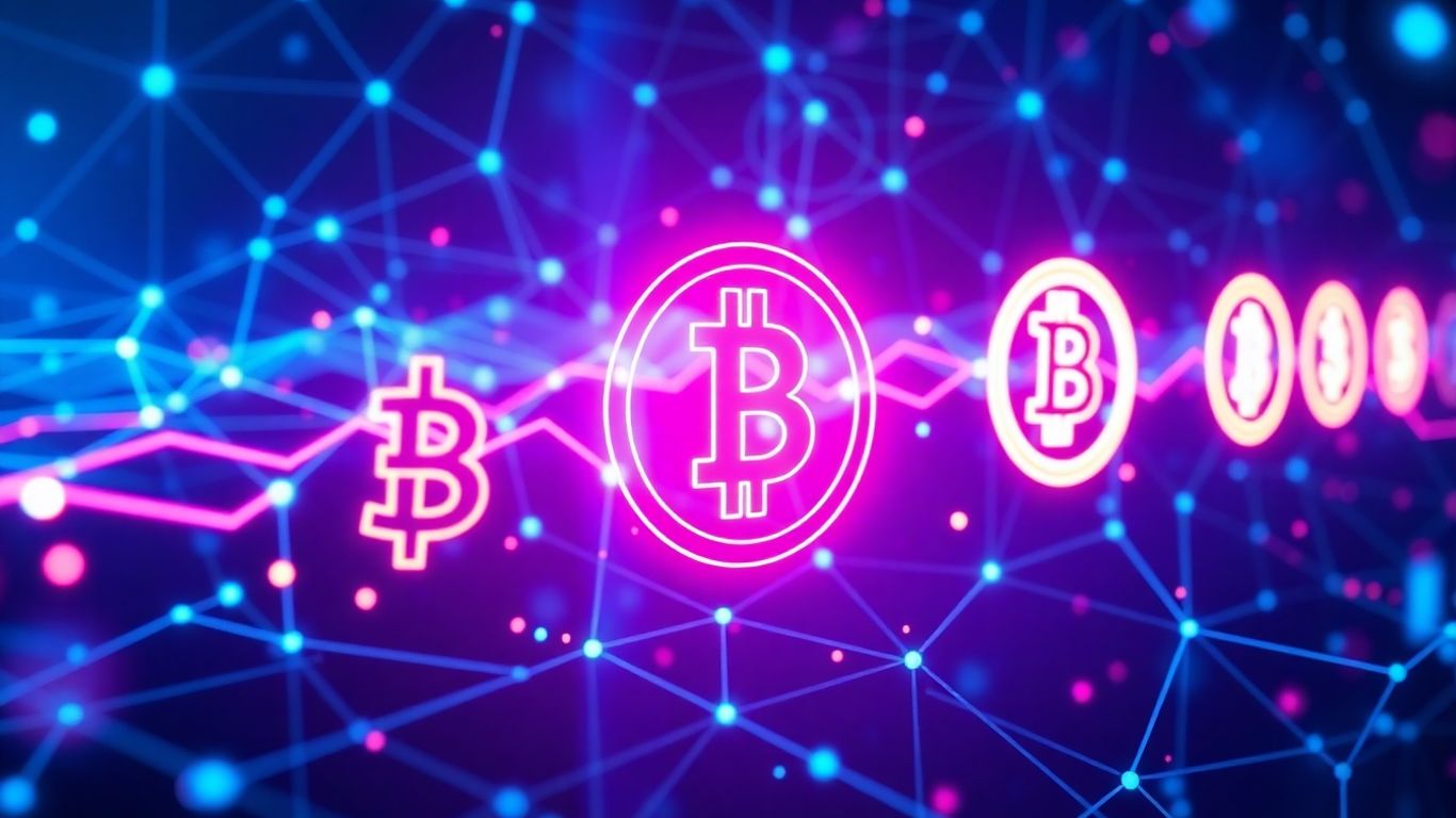 Futuristic interface with crypto symbols and data streams.