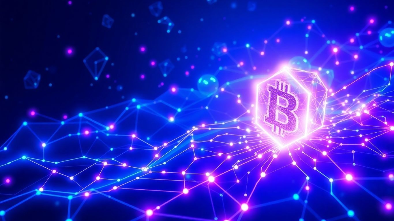 Futuristic blockchain data streams and network visualization.