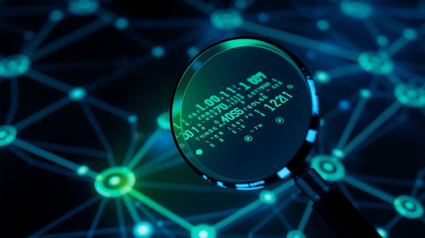 Network diagram with magnifying glass over data packets.