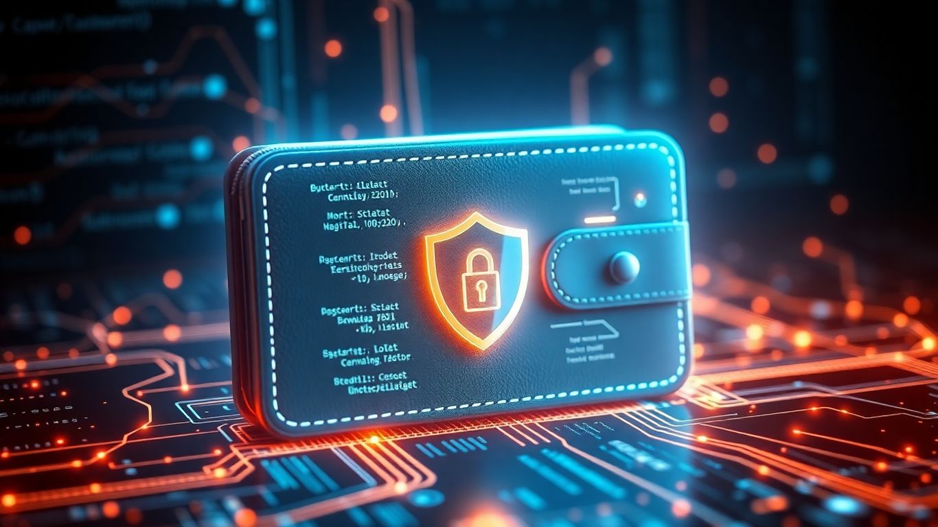 Digital wallet with data streams and security shield.