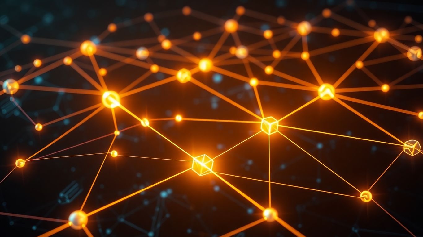 Interconnected digital nodes and glowing lines forming a network.