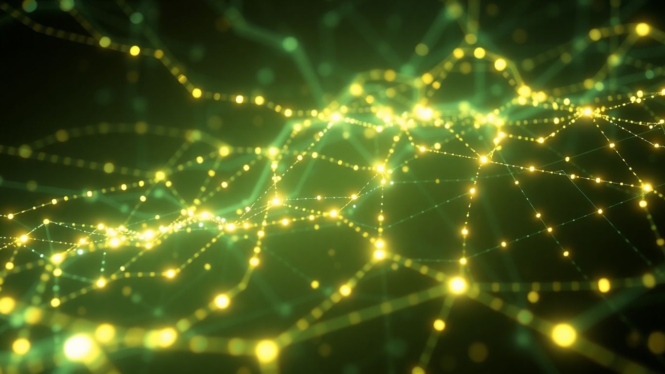 Abstract code patterns with glowing interconnected lines.