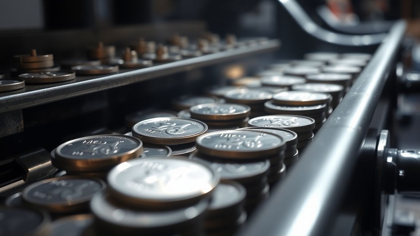 Minting press creating coins, metallic sheen, production.