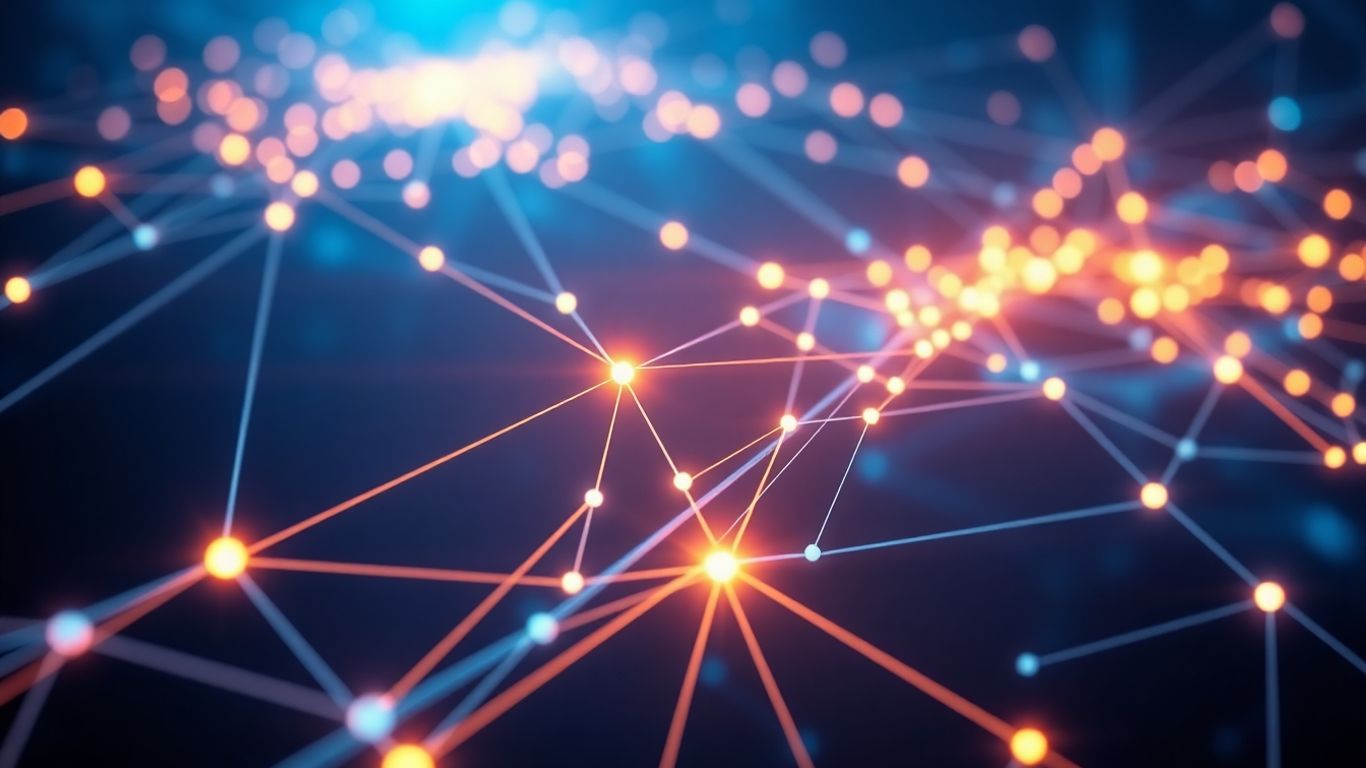 Digital network pathways and abstract geometric shapes.