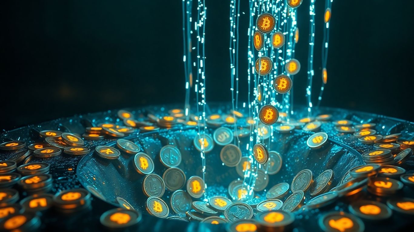 Digital drain overflowing with cryptocurrency coins, illustrating asset loss.