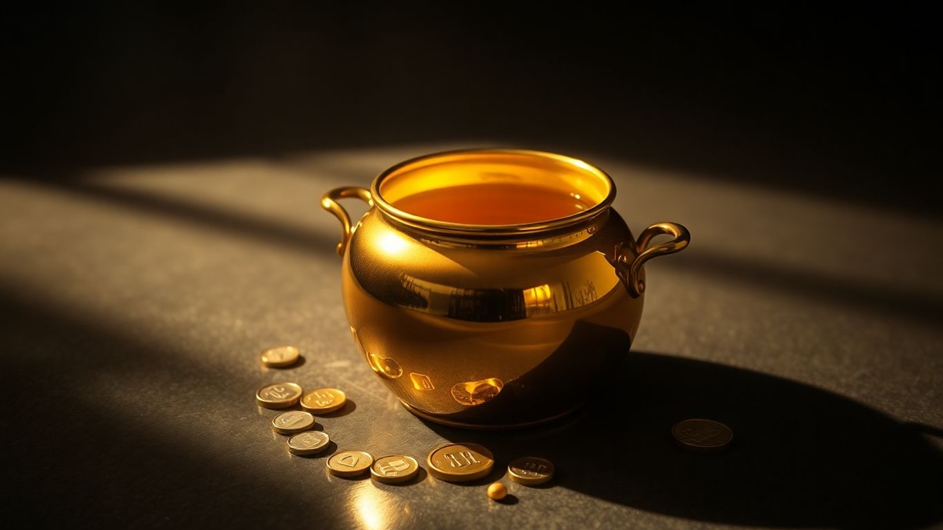 Golden honey pot with scattered coins, a subtle trap.