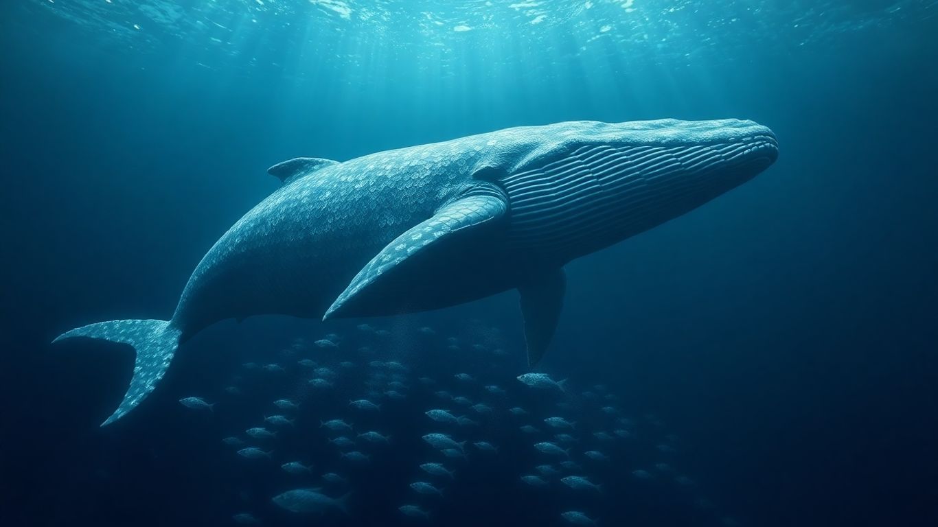 Giant whale breaching from digital ocean with crypto coins.