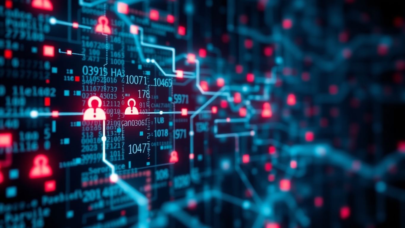 Digital data stream with red alert icons.