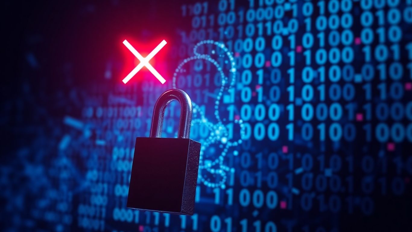 Digital lock with red X over fragmented data stream.