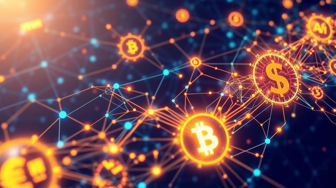 Digital network with financial transaction flows and algorithmic patterns.