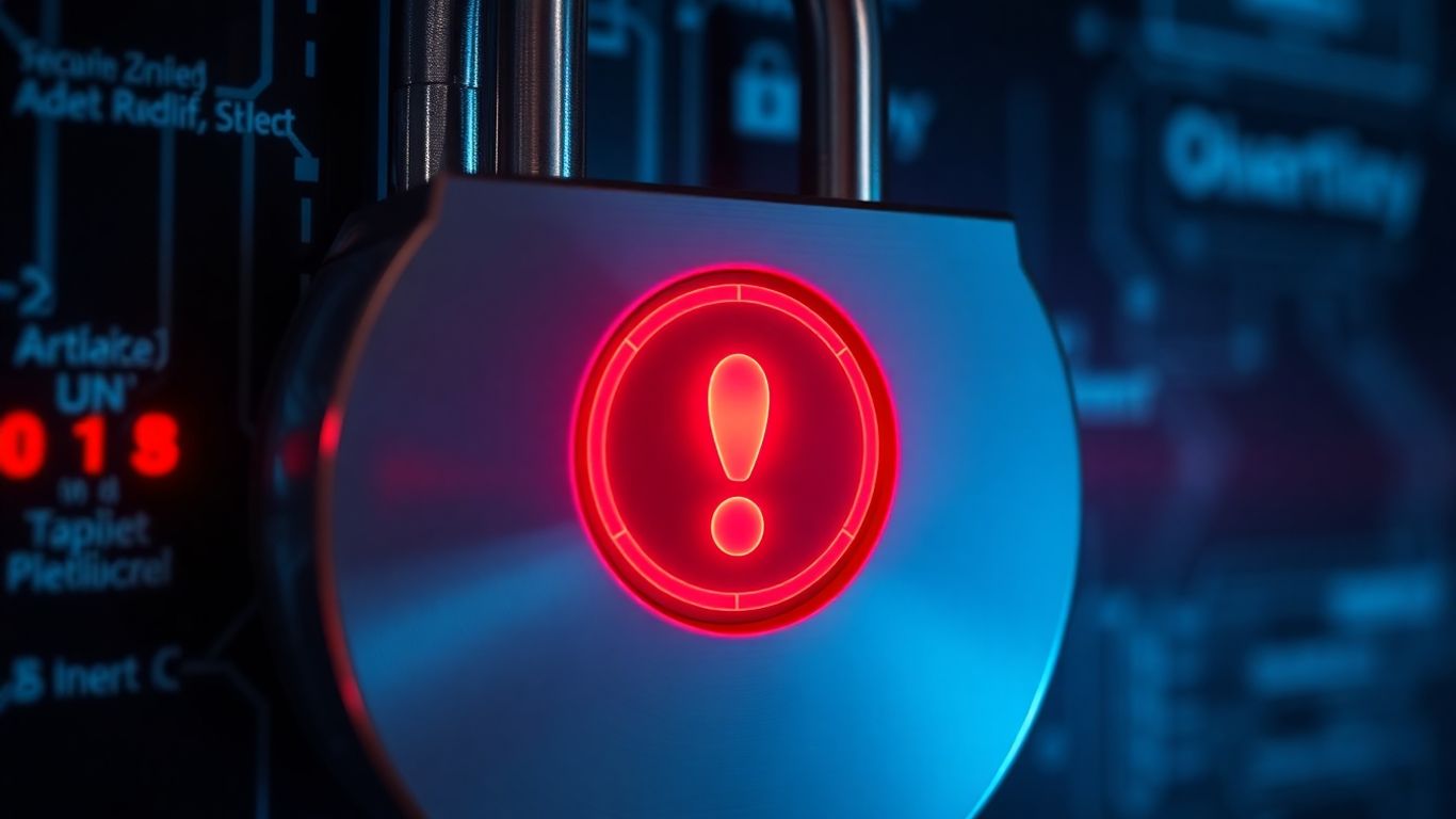 Digital lock with warning symbol, crypto security concept.
