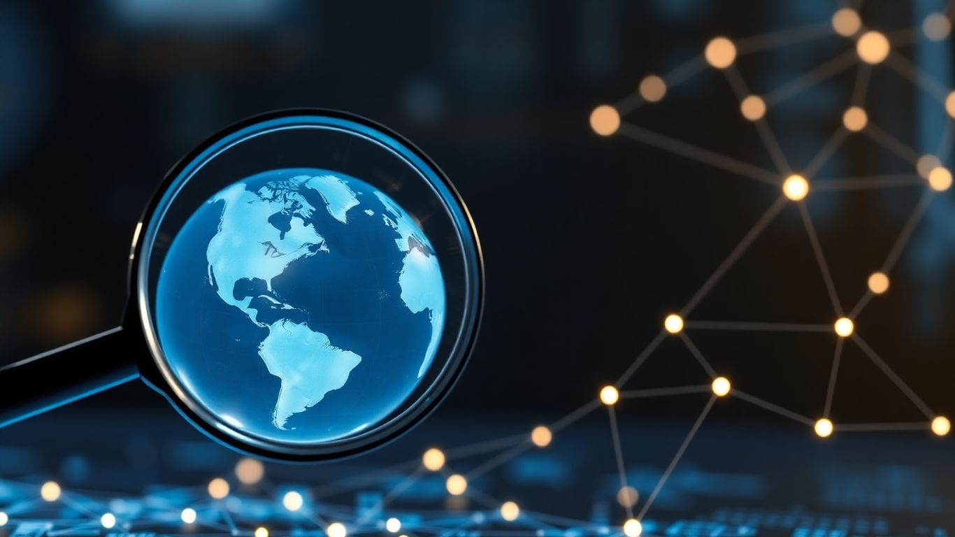Magnifying glass over distorted globe and network.