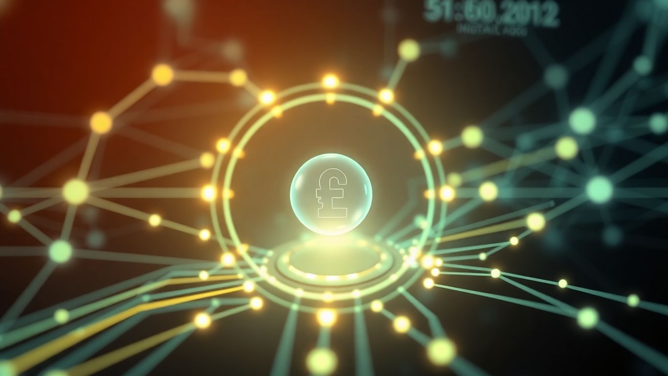 Digital interface with glowing lines and a central token orb.