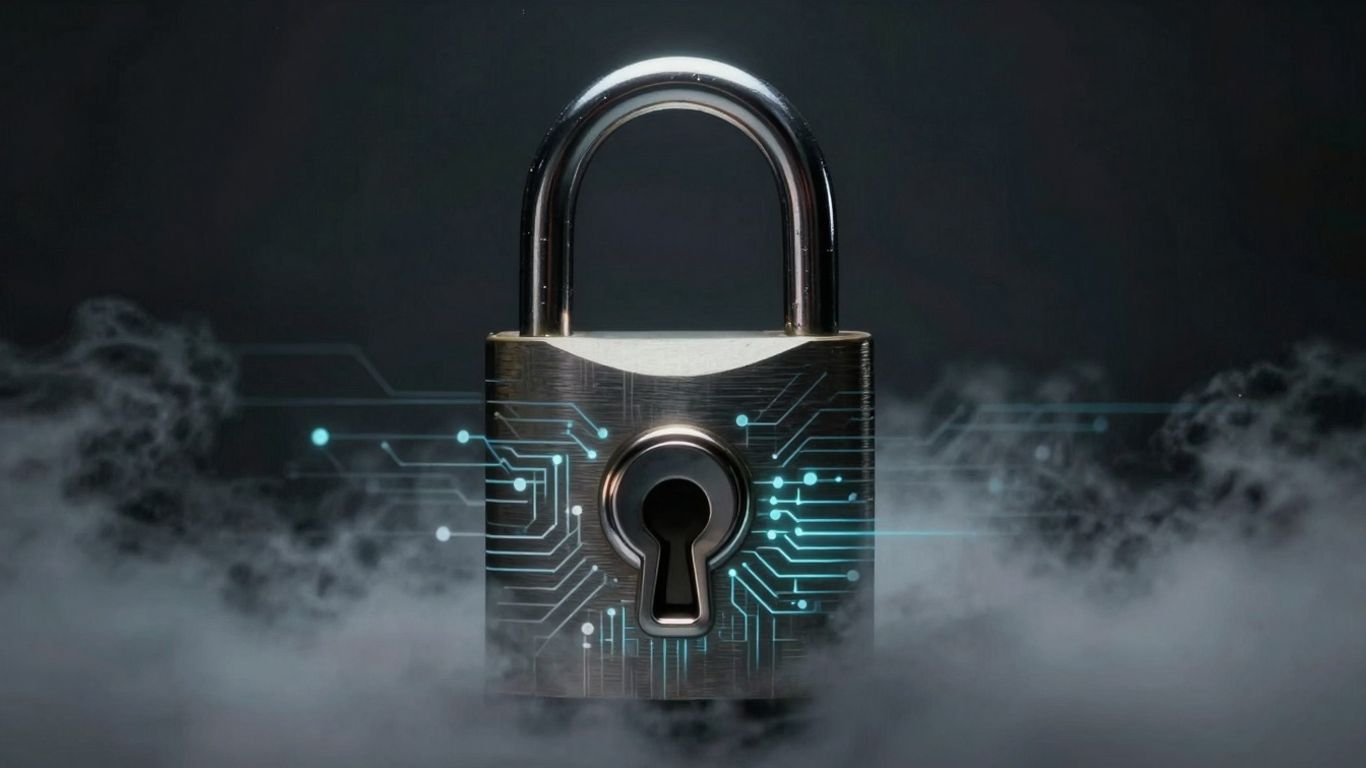 Digital lock with obscured keyhole and glowing circuits.