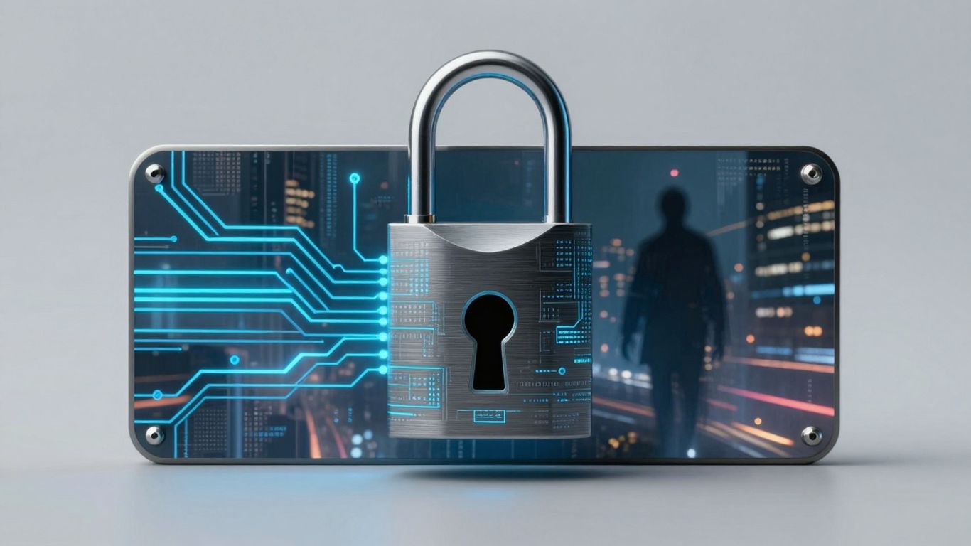 Digital lock with shadowy figure and futuristic cityscape.