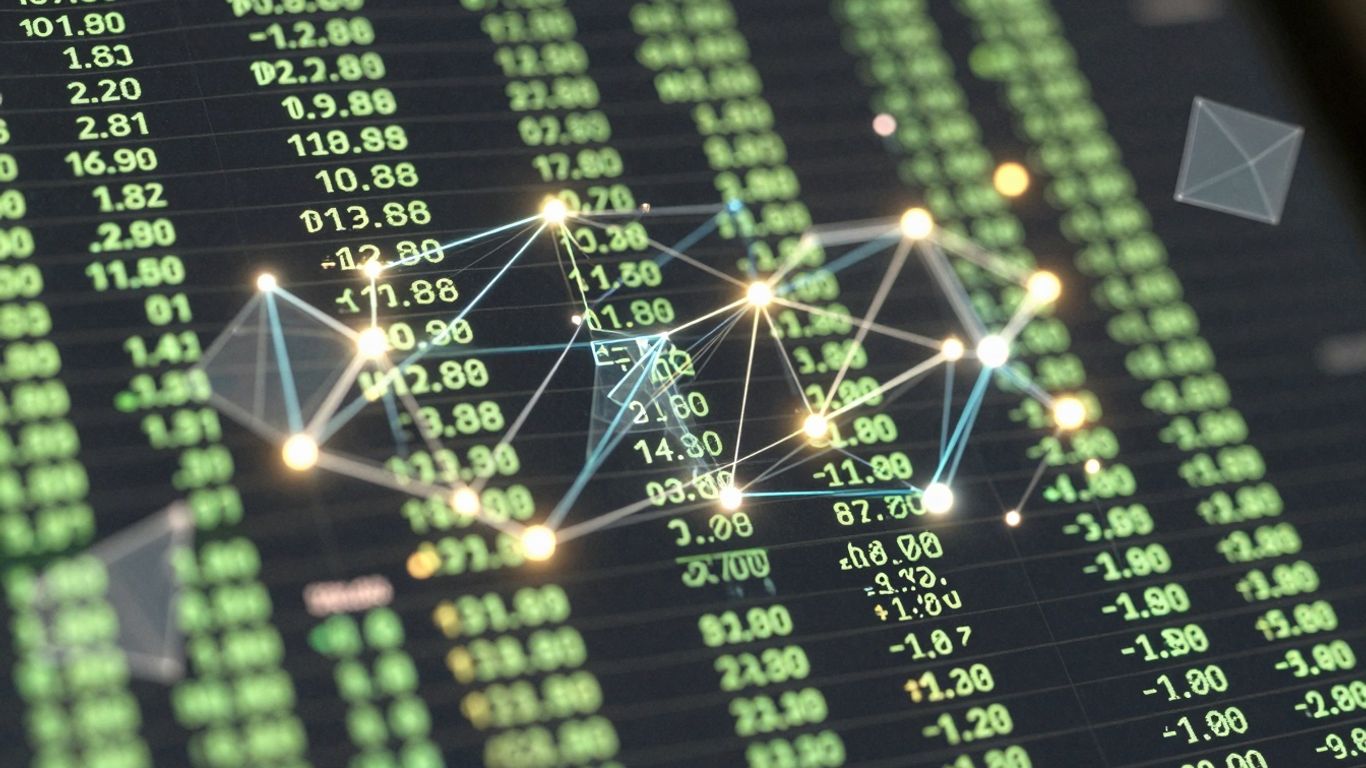 Digital ledger with glowing nodes and abstract shapes.