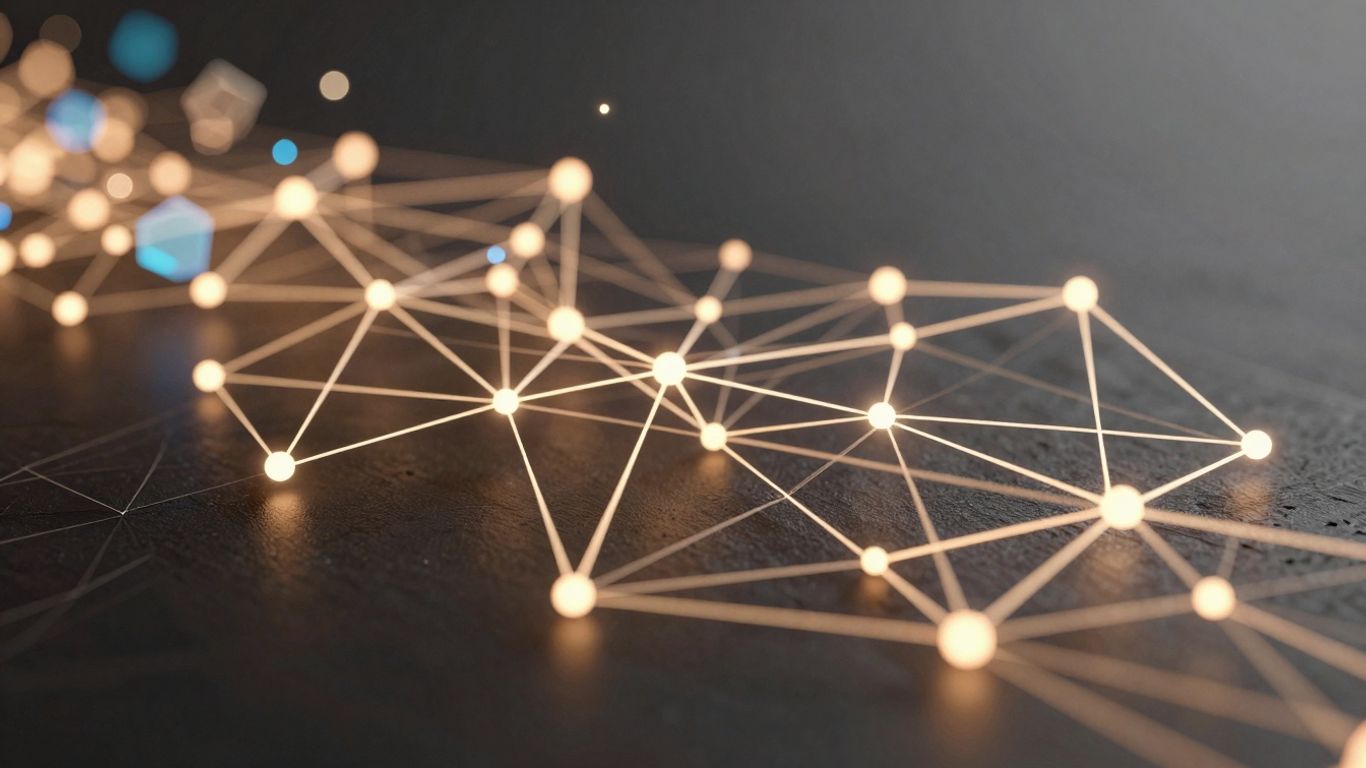 Futuristic digital network with glowing data streams.