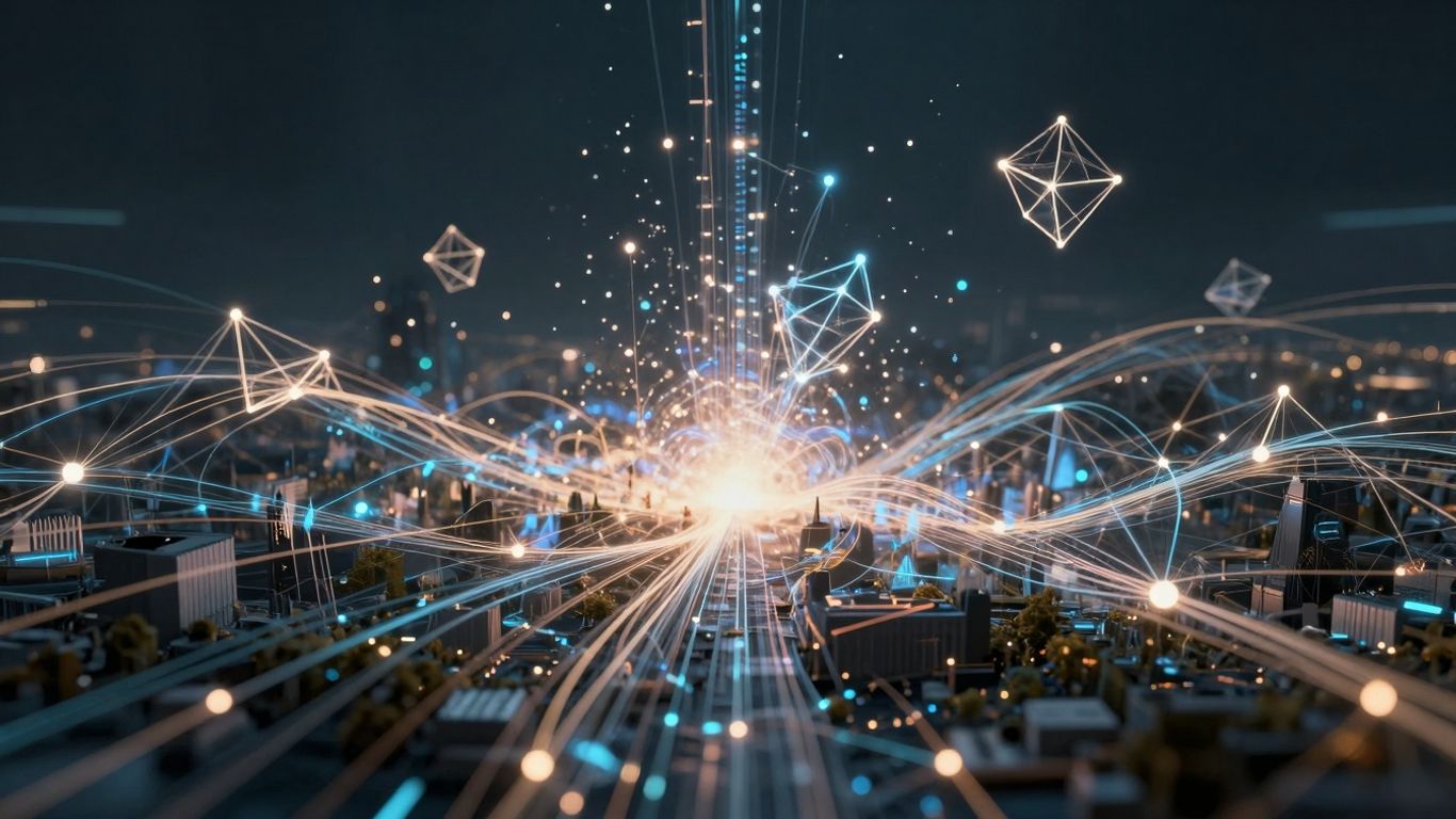 Futuristic digital landscape with glowing data streams and geometric shapes.