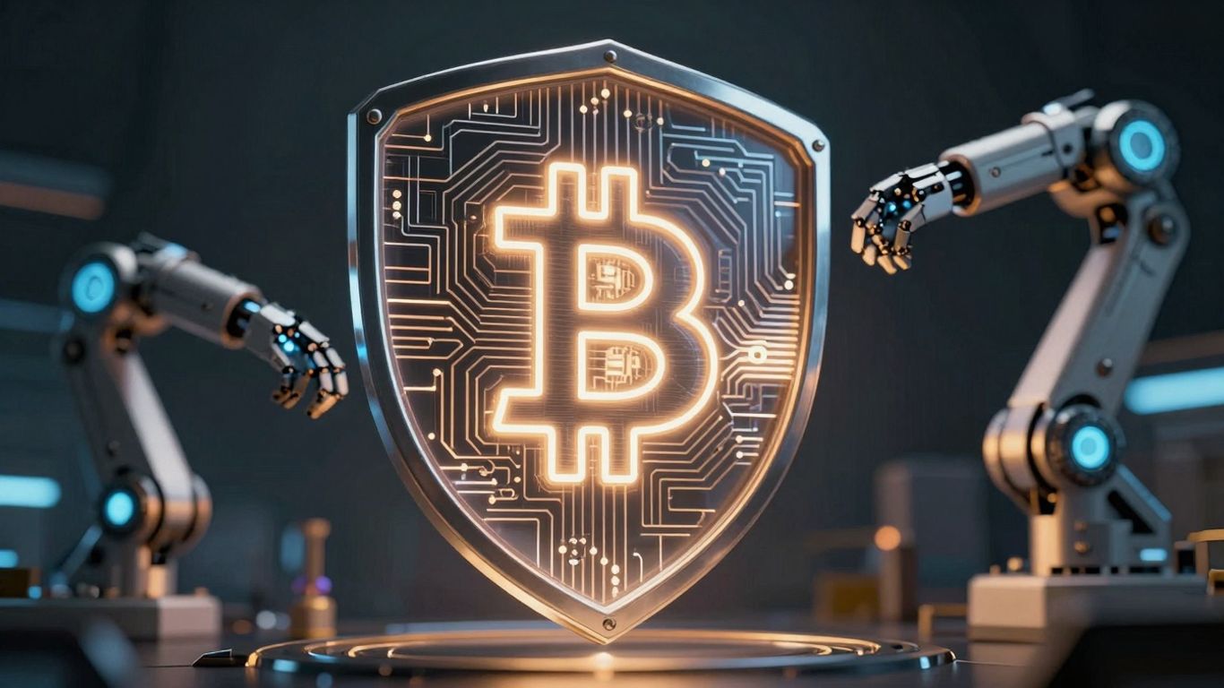 Crypto security shield with robotic arms and digital elements.