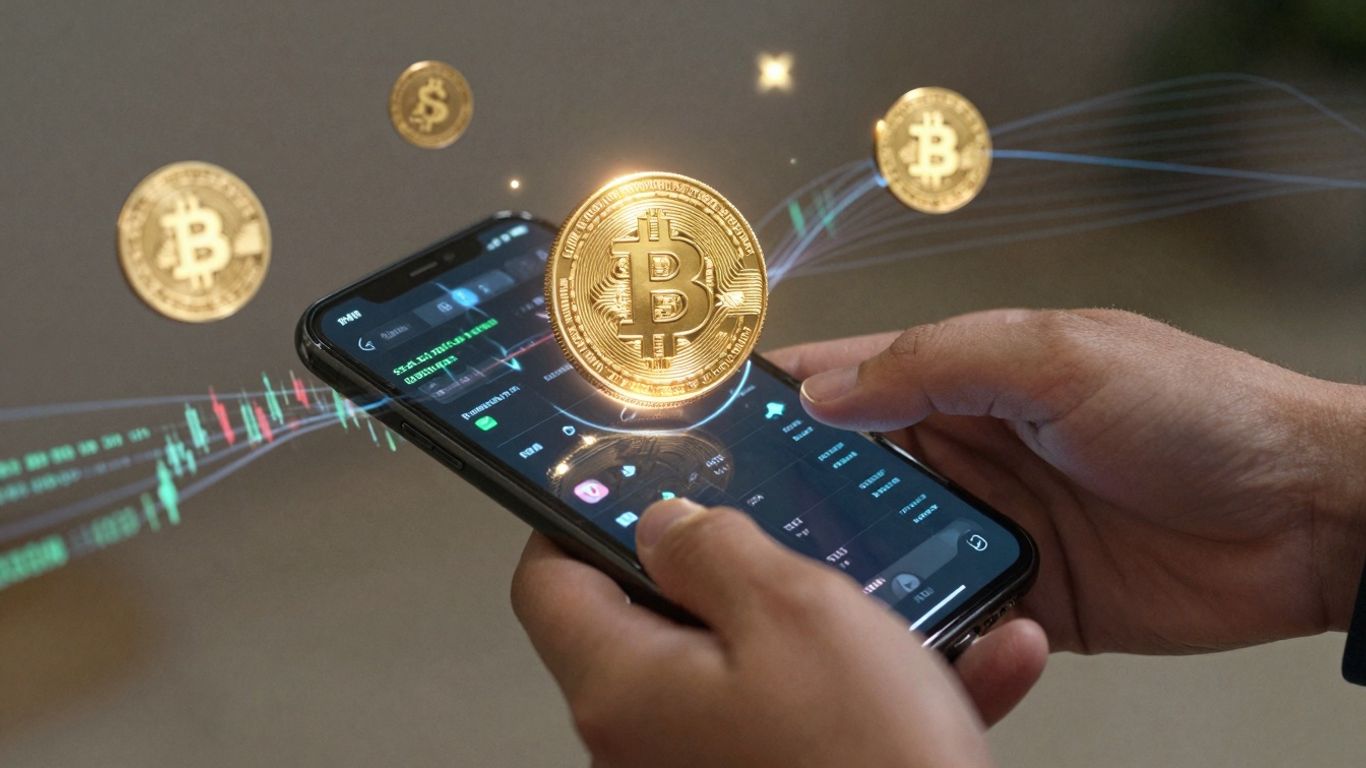 Digital wallet with crypto symbols and data streams.