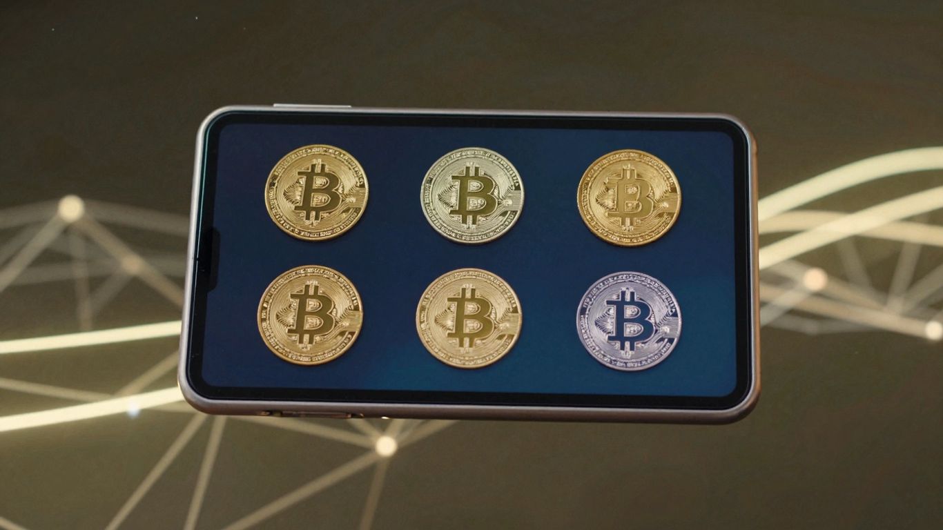 Digital crypto wallet with tokens and abstract background.