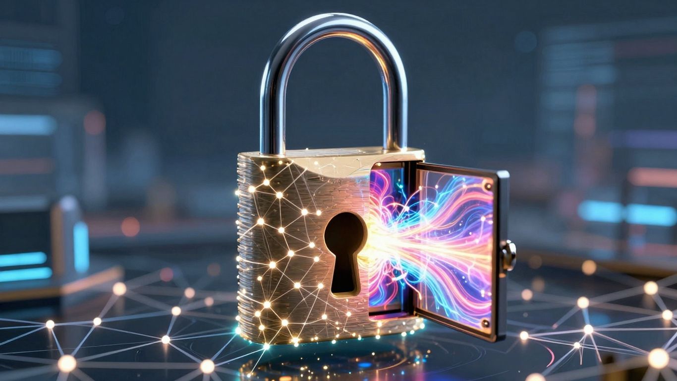 Digital lock with glowing network, abstract energy flow.