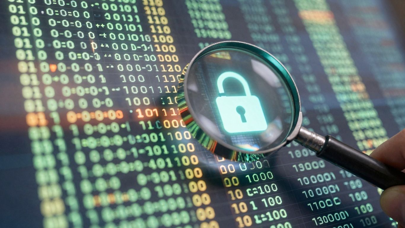 Digital ledger with magnifying glass over security event log.