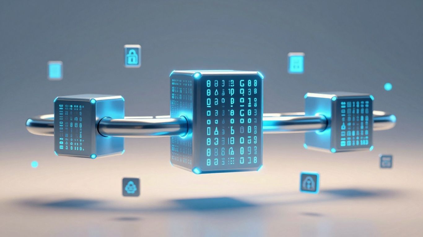 Blockchain evidence chain with digital markers.