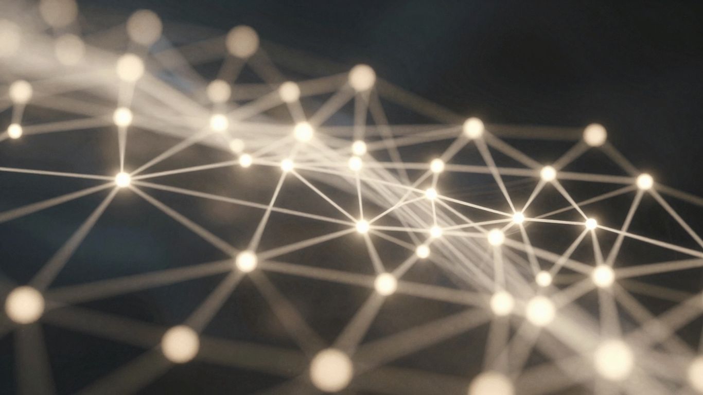 Digital network with glowing pathways and nodes.