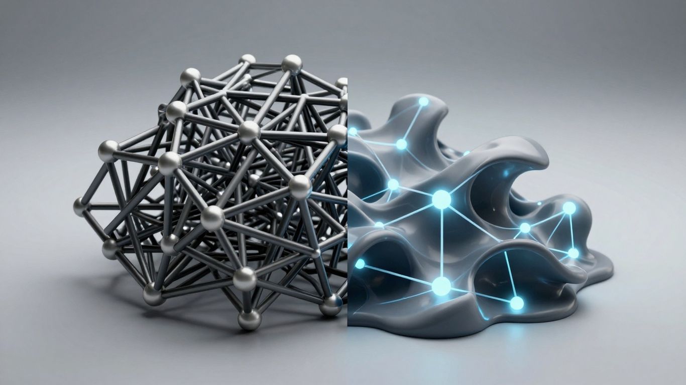 Split image: rigid lines versus glowing network nodes.