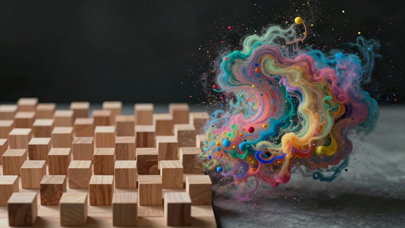 Split image: structured blocks versus abstract, swirling particles.