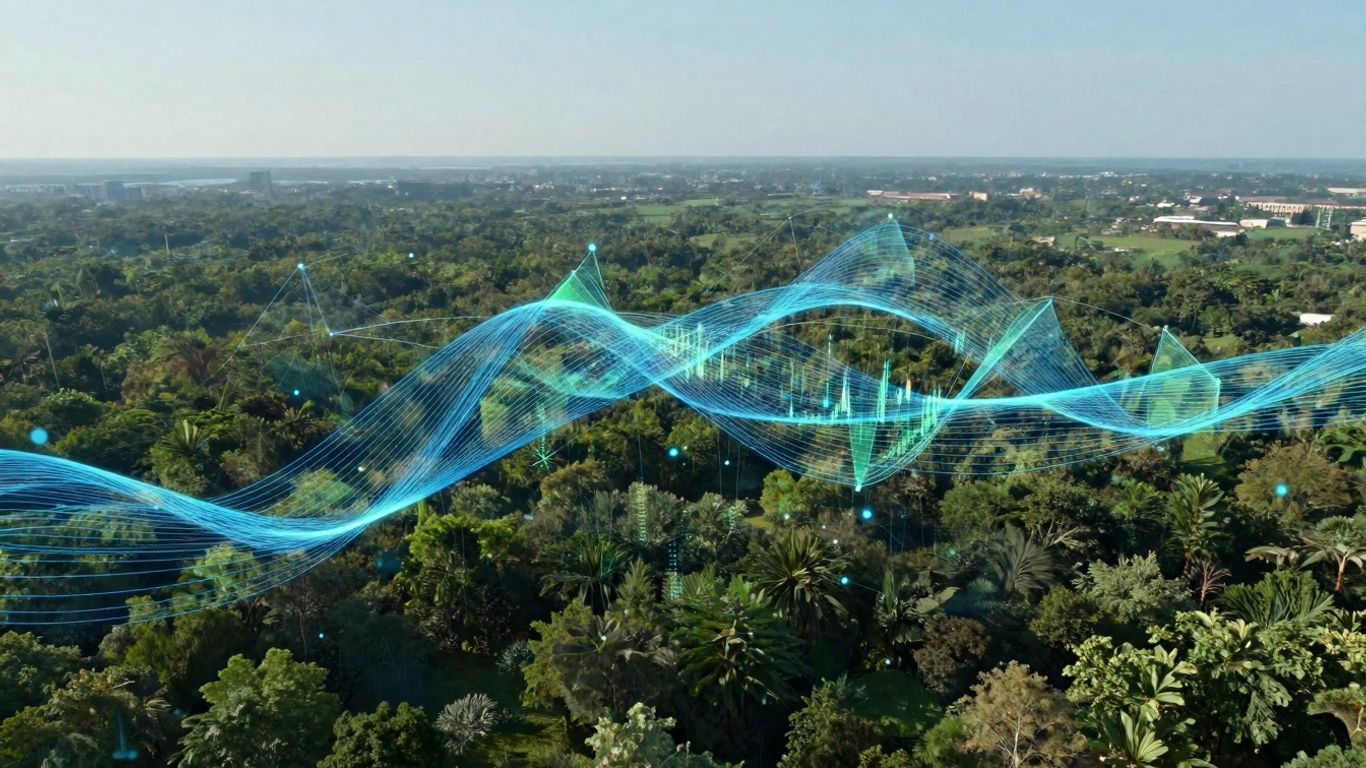 Digital network with data streams and geometric shapes.