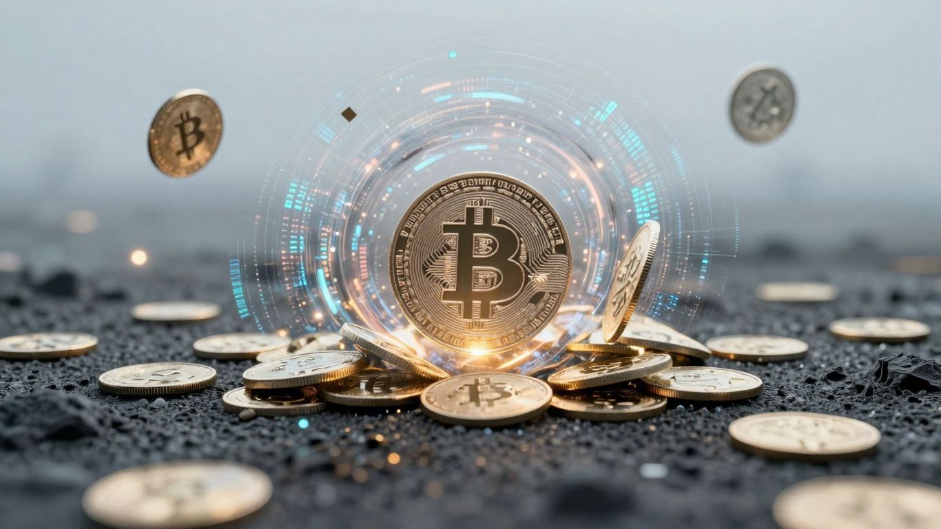 Digital vortex with scattered cryptocurrency coins.