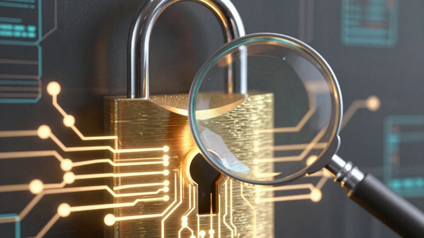 Digital lock with magnifying glass, crypto risk analysis.
